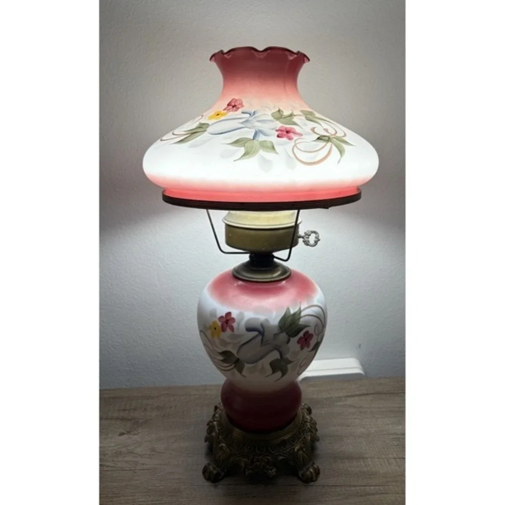 Vintage GWTW  Hurricane Lamp‎ Large Beautiful Floral Painted